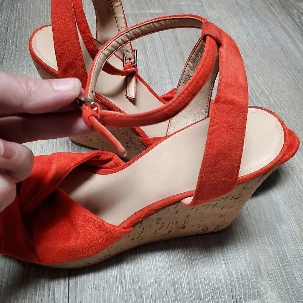 BP Women's Faux Suede Ankle Strap Orange Cork Wedge Heels Open Toe Shoes Sz 10M